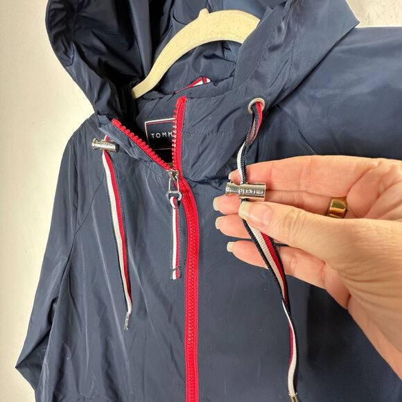 Tommy Hilfinger Navy Blue Red Trim Hooded Long Sleeve Zip Windbreaker Jacket S - Picture 5 of 12